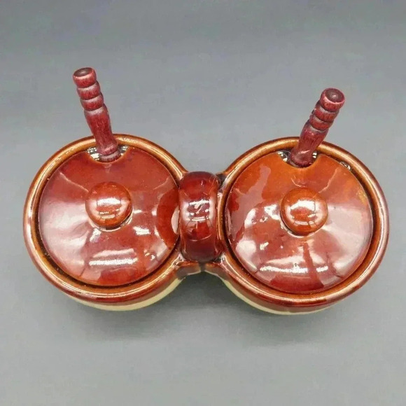 Crock Brown Drip Condiment Caddy Speckled Brown Glaze Vintage Stoneware - Picture 4 of 10